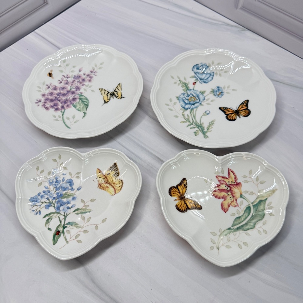 Lenox Butterfly Meadow 4 Piece Set 2 Round 2 Heart Shaped Plates Louise Le Luyer